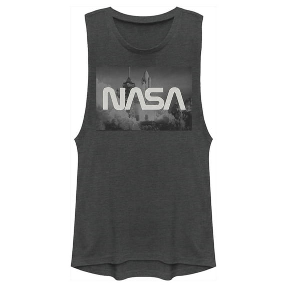 Junior's NASA Space Shuttle Blast Off Text Over Lay Festival Muscle Graphic Tee Charcoal Large