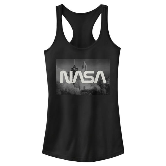 Junior's NASA Space Shuttle Blast Off Text Over Lay  Racerback Tank Top Black X Large