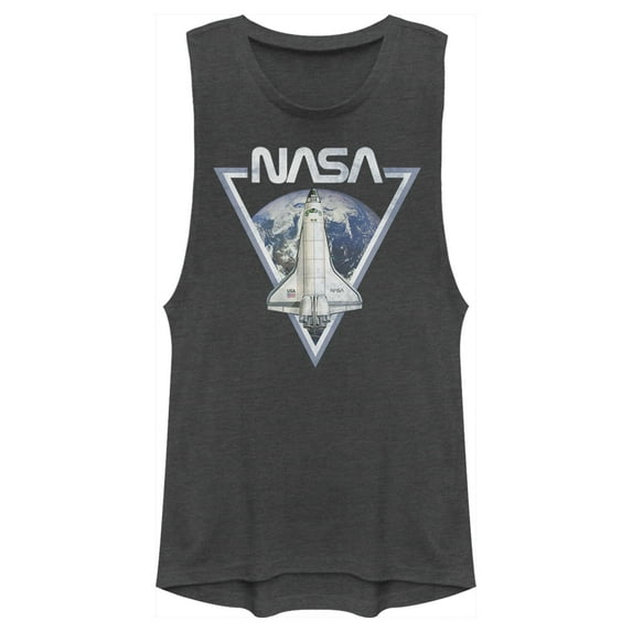 Junior's NASA Triangle Earth Logo Shuttle Flight Festival Muscle Graphic Tee Charcoal X Small