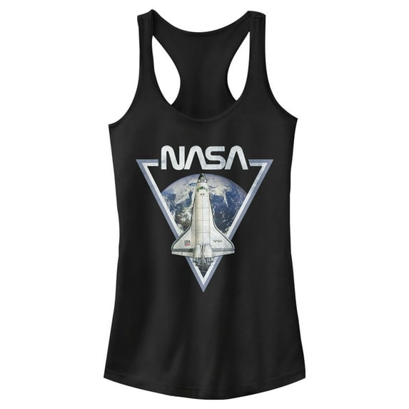 Junior's NASA Triangle Earth Logo Shuttle Flight Racerback Tank Top Black Medium