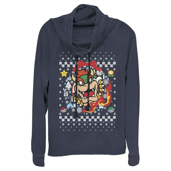 Junior's Nintendo Christmas Bowser Wreath Cowl Neck Sweatshirt Navy Blue Small