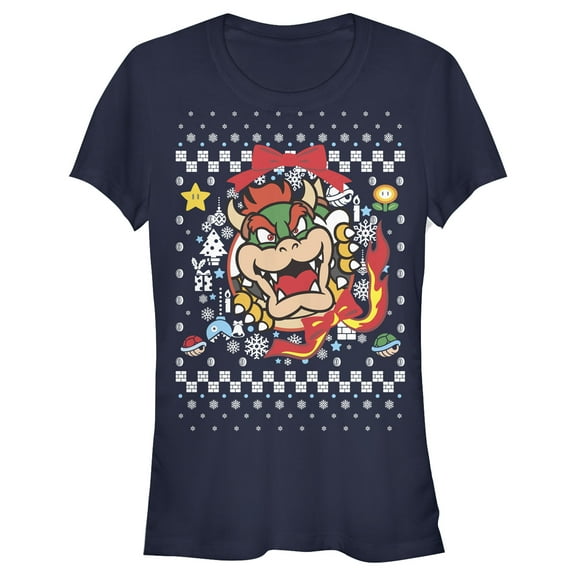Junior's Nintendo Christmas Bowser Wreath  Graphic Tee Navy Blue X Large