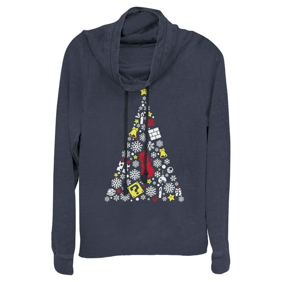 Junior's Nintendo Christmas Evergreen Mario Cowl Neck Sweatshirt Navy Blue 4X Large