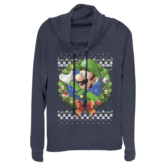Junior's Nintendo Christmas Luigi Wreath Cowl Neck Sweatshirt Navy Blue X Small