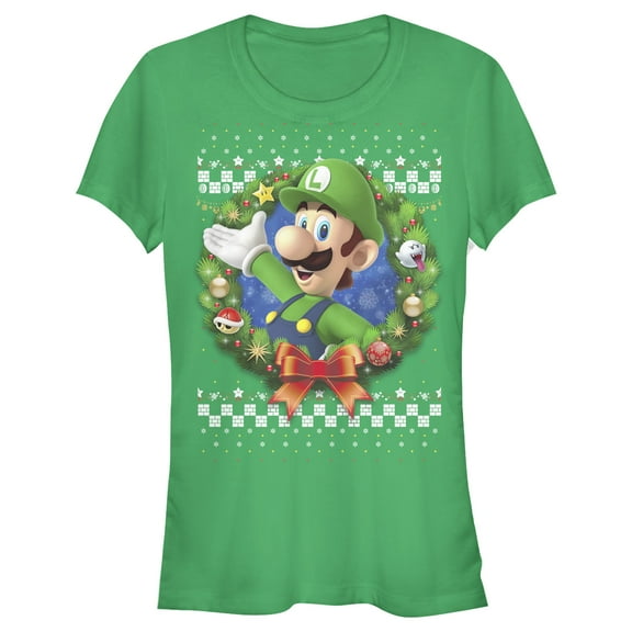 Junior's Nintendo Christmas Luigi Wreath  Graphic Tee Kelly Green Small