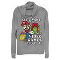 thumbnail image 1 of Junior's Nintendo Christmas Mario All I Want Are Video Games Cowl Neck Sweatshirt Gray Heather Small, 1 of 3