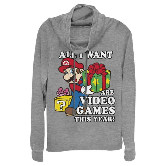 Junior's Nintendo Christmas Mario All I Want Are Video Games Cowl Neck Sweatshirt Gray Heather X Small