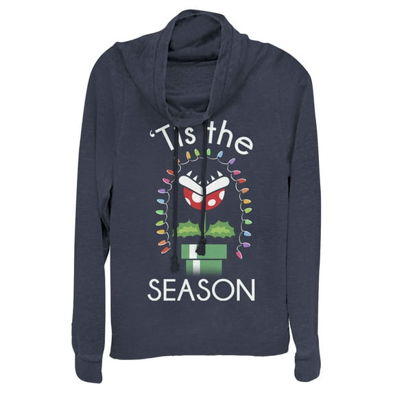 Junior's Nintendo Christmas Mario Piranha Plants Cowl Neck Sweatshirt Navy Blue X Small