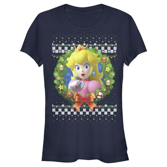 Junior's Nintendo Christmas Peach Wreath Graphic Tee Navy Blue Medium