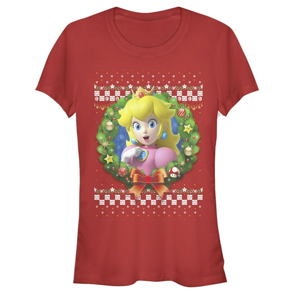 Junior's Nintendo Christmas Peach Wreath  Graphic Tee Red Medium