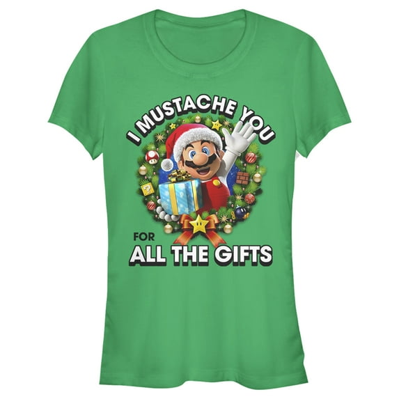 Junior's Nintendo Christmas Super Mario Mustache Graphic Tee Kelly Green Medium