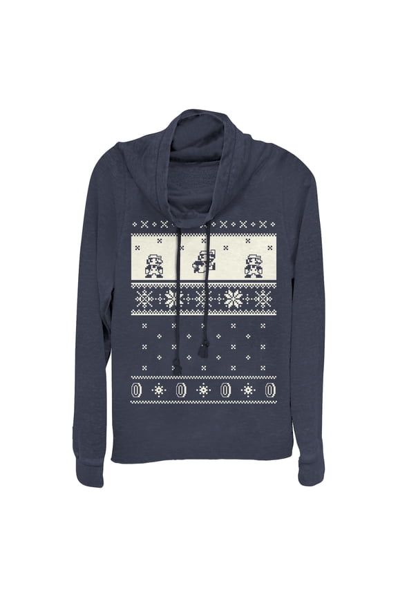 Junior's Nintendo Christmas Sweater Mario Cowl Neck Sweatshirt Navy Blue 2X Large