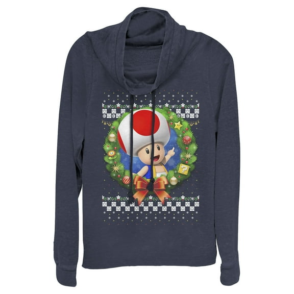 Junior's Nintendo Christmas Toad Wreath  Cowl Neck Sweatshirt Navy Blue Small