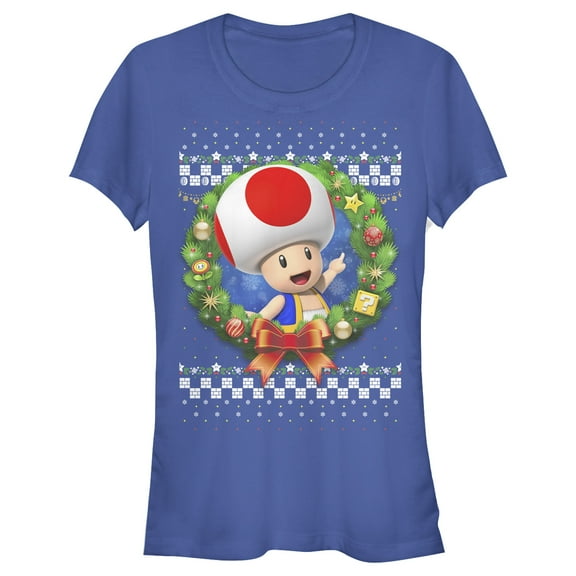 Junior's Nintendo Christmas Toad Wreath  Graphic Tee Royal Blue Small