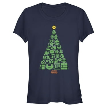 Junior's Nintendo Christmas Tree Mosaic  Graphic Tee Navy Blue Small