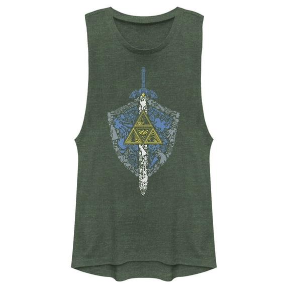 Junior's Nintendo Legend of Zelda Hidden Pattern Festival Muscle Graphic Tee Pine Green Heather 2X Large