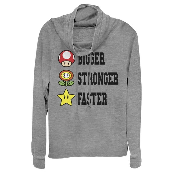Junior's Nintendo Mario Bigger Stronger Faster Cowl Neck Sweatshirt Gray Heather Medium