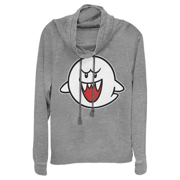 Junior's Nintendo Mario Boo Ghost Cowl Neck Sweatshirt Gray Heather 3X Large