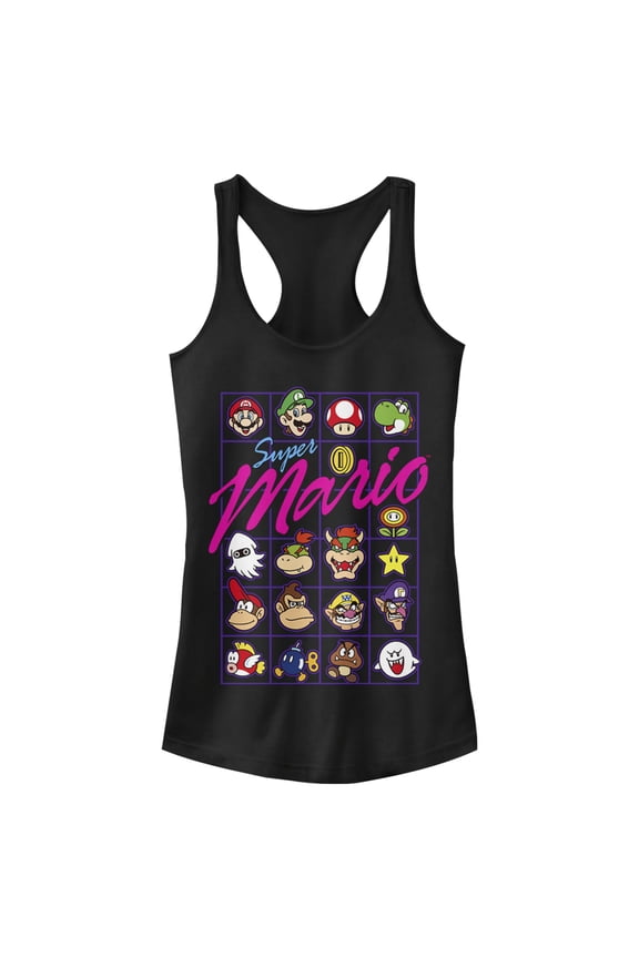 Junior's Nintendo Mario Character Grid Racerback Tank Top Black Large