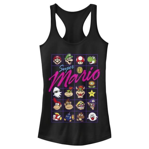 Junior's Nintendo Mario Character Grid  Racerback Tank Top Black X Large