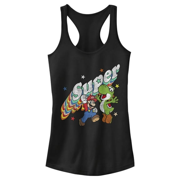 Junior's Nintendo Mario and Yoshi Retro Super  Racerback Tank Top Black Large