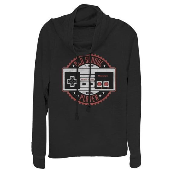 Junior's Nintendo Old School NES Controller Emblem Cowl Neck Sweatshirt Black Small