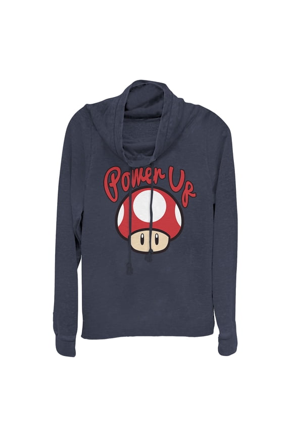 Junior's Nintendo Power Up Mushroom Cowl Neck Sweatshirt Navy Blue Small