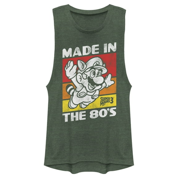 Junior's Nintendo Raccoon Mario Made in the 80's  Festival Muscle Graphic Tee Pine Green Heather X Large