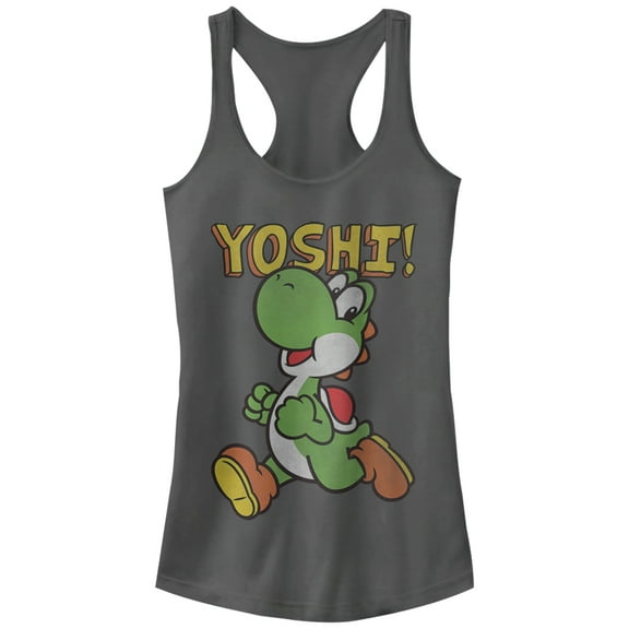 Junior's Nintendo Running Yoshi  Racerback Tank Top Charcoal Large