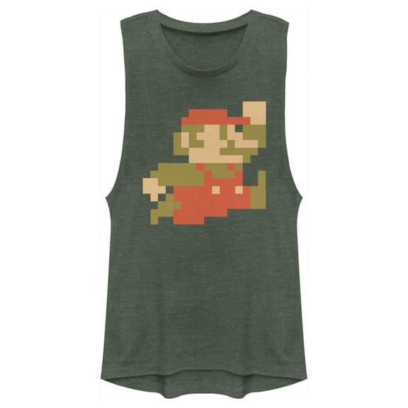 Junior's Nintendo Small Mario Pixelated Festival Muscle Graphic Tee Pine Green Heather Medium