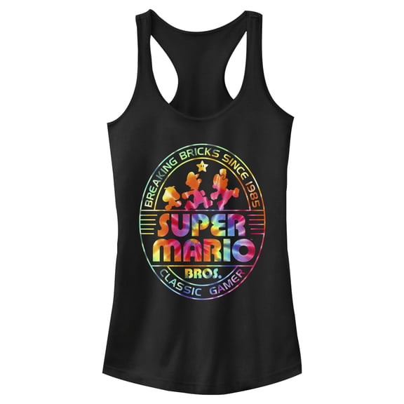 Junior's Nintendo Super Mario Brick Break 85 Tie-Dye Logo Racerback Tank Top Black X Large