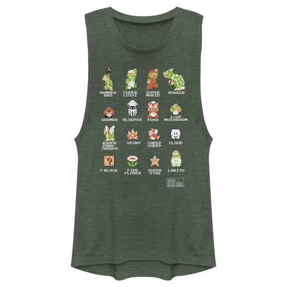 Junior's Nintendo Super Mario Bros Pixel Cast with Names Festival Muscle Graphic Tee Pine Green Heather Medium