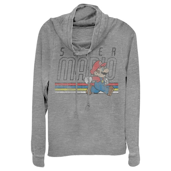 Junior's Nintendo Super Mario Classic Stripes  Cowl Neck Sweatshirt Gray Heather 2X Large