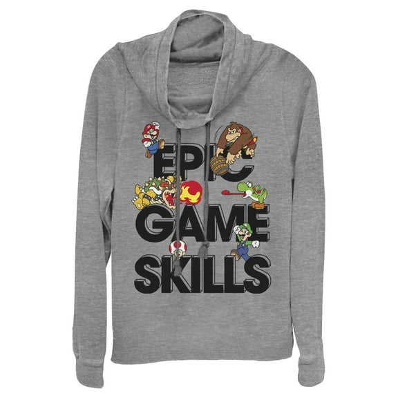 Junior's Nintendo Super Mario Epic Game Skills Character Collage Cowl Neck Sweatshirt Gray Heather 3X Large