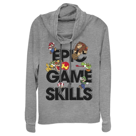 Junior's Nintendo Super Mario Epic Game Skills Character Collage Cowl Neck Sweatshirt Gray Heather Medium