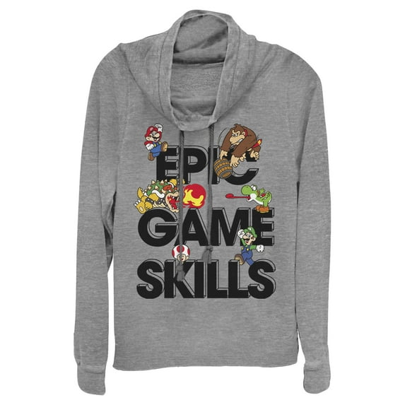 Junior's Nintendo Super Mario Epic Game Skills Character Collage Cowl Neck Sweatshirt Gray Heather Small