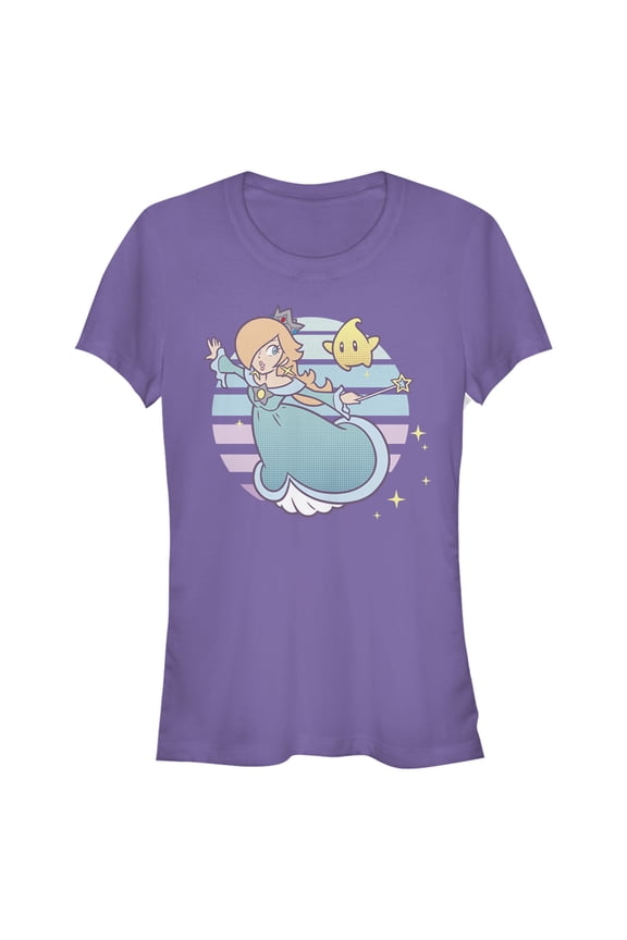 Junior's Nintendo Super Mario Rosalina And Luma Striped Background Portrait Graphic Tee Purple Small