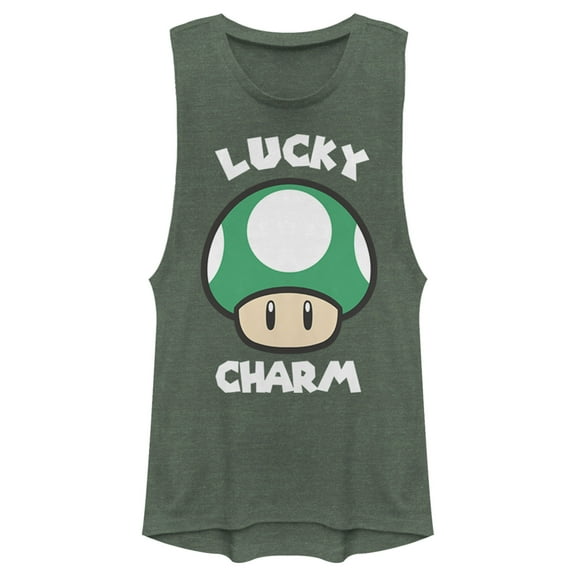 Junior's Nintendo Super Mario St. Patrick's Day Extra Life Mushroom Lucky Charm  Festival Muscle Graphic Tee Pine Green Heather Large