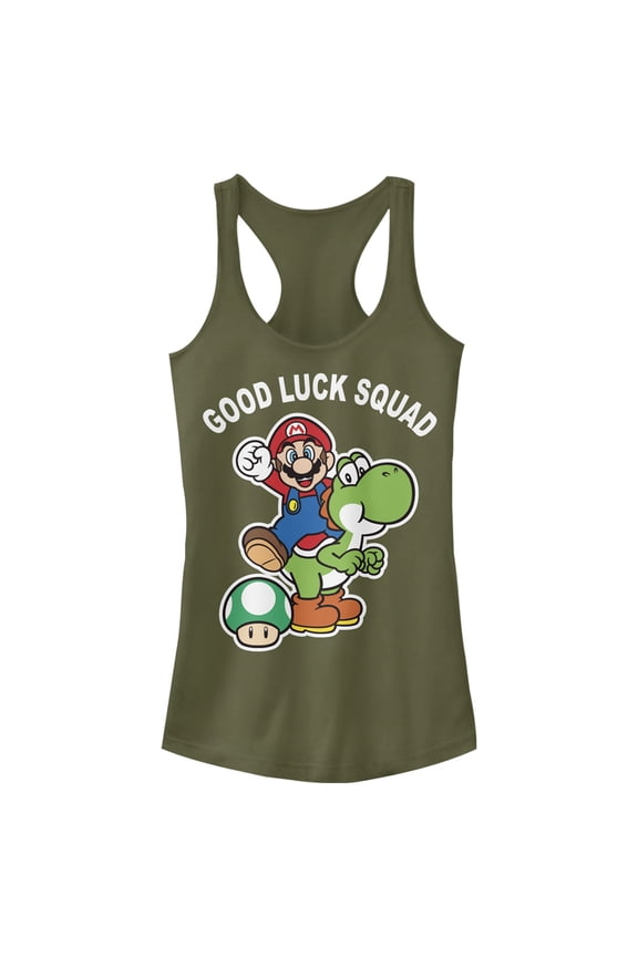 Junior's Nintendo Super Mario St. Patrick's Day Good Luck Squad Racerback Tank Top Military Green Medium
