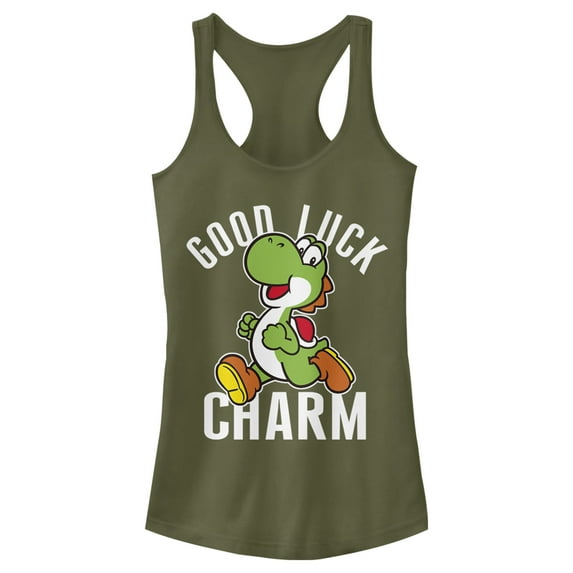 Junior's Nintendo Super Mario Yoshi St. Patrick's Good Luck Charm Racerback Tank Top Military Green X Large