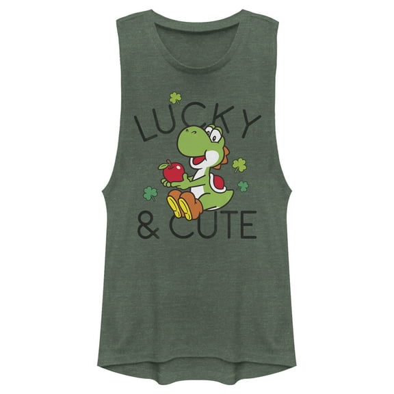 Junior's Nintendo Super Mario Yoshi St. Patrick's Lucky and Cute  Festival Muscle Graphic Tee Pine Green Heather X Small