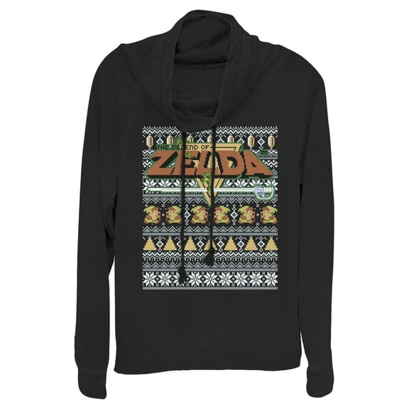 Junior's Nintendo Ugly Christmas Legend of Zelda Cowl Neck Sweatshirt Black 3X Large