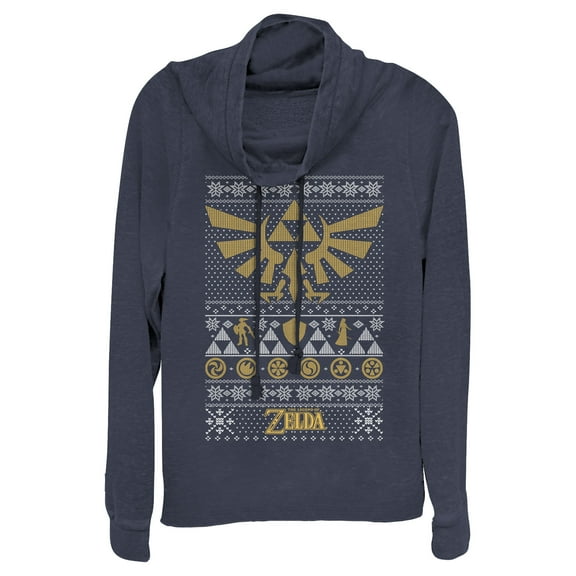 Junior's Nintendo Ugly Christmas Legend of Zelda Triforce  Cowl Neck Sweatshirt Navy Blue 4X Large
