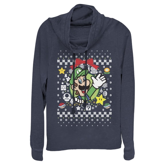 Junior's Nintendo Ugly Christmas Luigi Wreath Cowl Neck Sweatshirt Navy Blue 3X Large