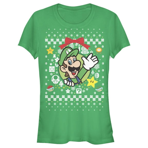Junior's Nintendo Ugly Christmas Luigi Wreath  Graphic Tee Kelly Green 2X Large