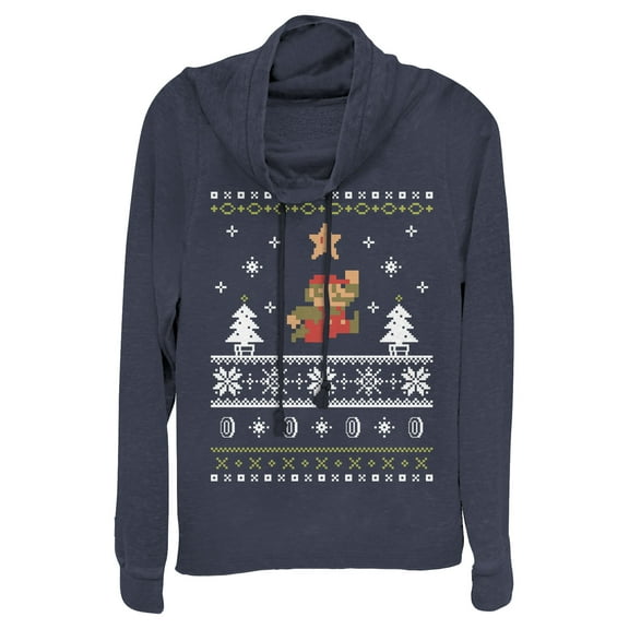 Junior's Nintendo Ugly Christmas Mario Cowl Neck Sweatshirt Navy Blue Medium
