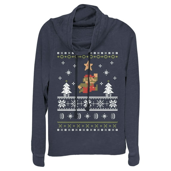 Junior's Nintendo Ugly Christmas Mario Cowl Neck Sweatshirt Navy Blue X Small