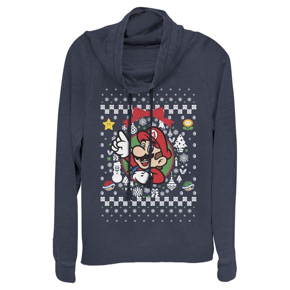 Junior's Nintendo Ugly Christmas Mario Wreath Cowl Neck Sweatshirt Navy Blue X Small