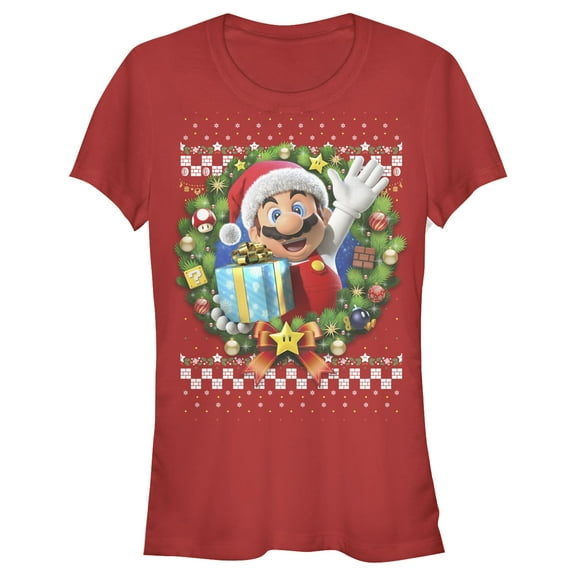 Junior's Nintendo Ugly Christmas Mario Wreath  Graphic Tee Red 2X Large