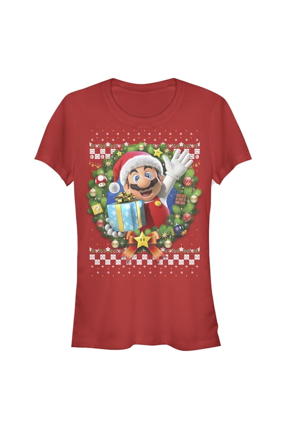 Junior's Nintendo Ugly Christmas Mario Wreath Graphic Tee Red Medium